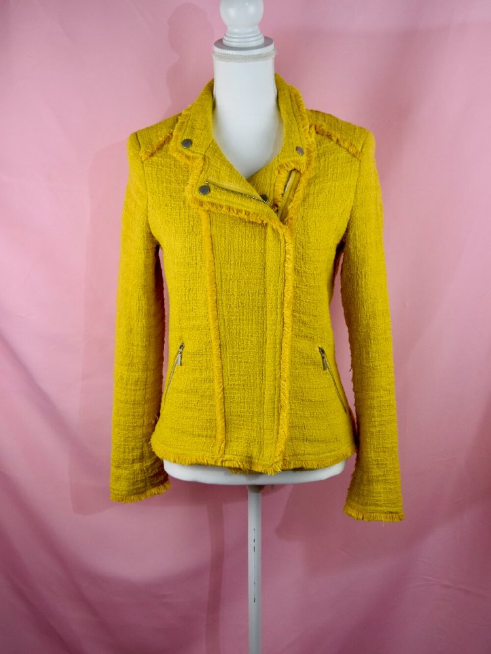 Carolina Belle Montreal Yellow Tweed Fringe Moto Jacket | Size S